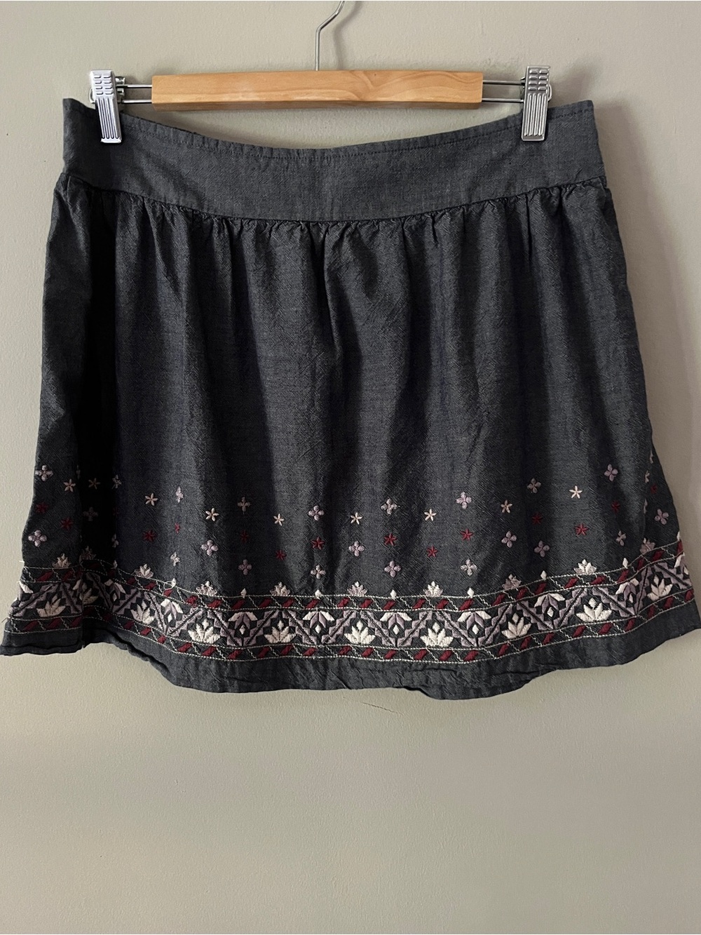 Blue A-Line Skirt with Hem Embroidery boho cottage chic